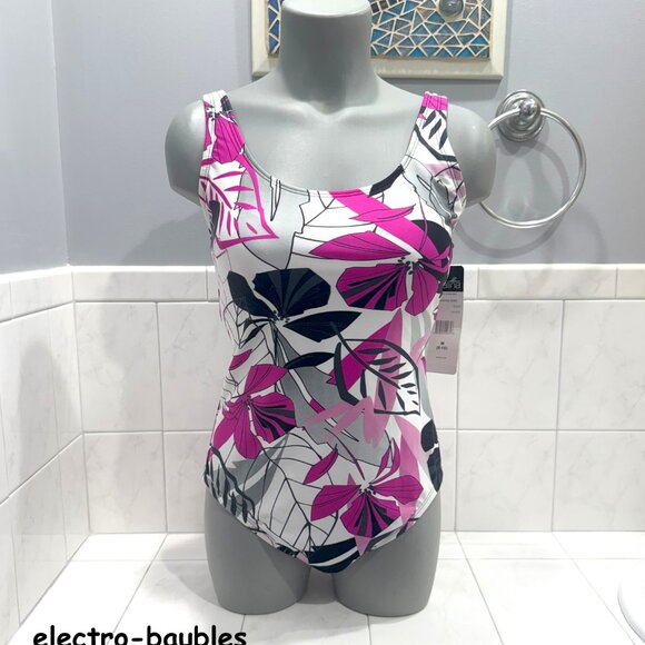 Catalina Swimsuit Med One Piece Floral Racer Back in Black / White & Purple NWT - Picture 9 of 9